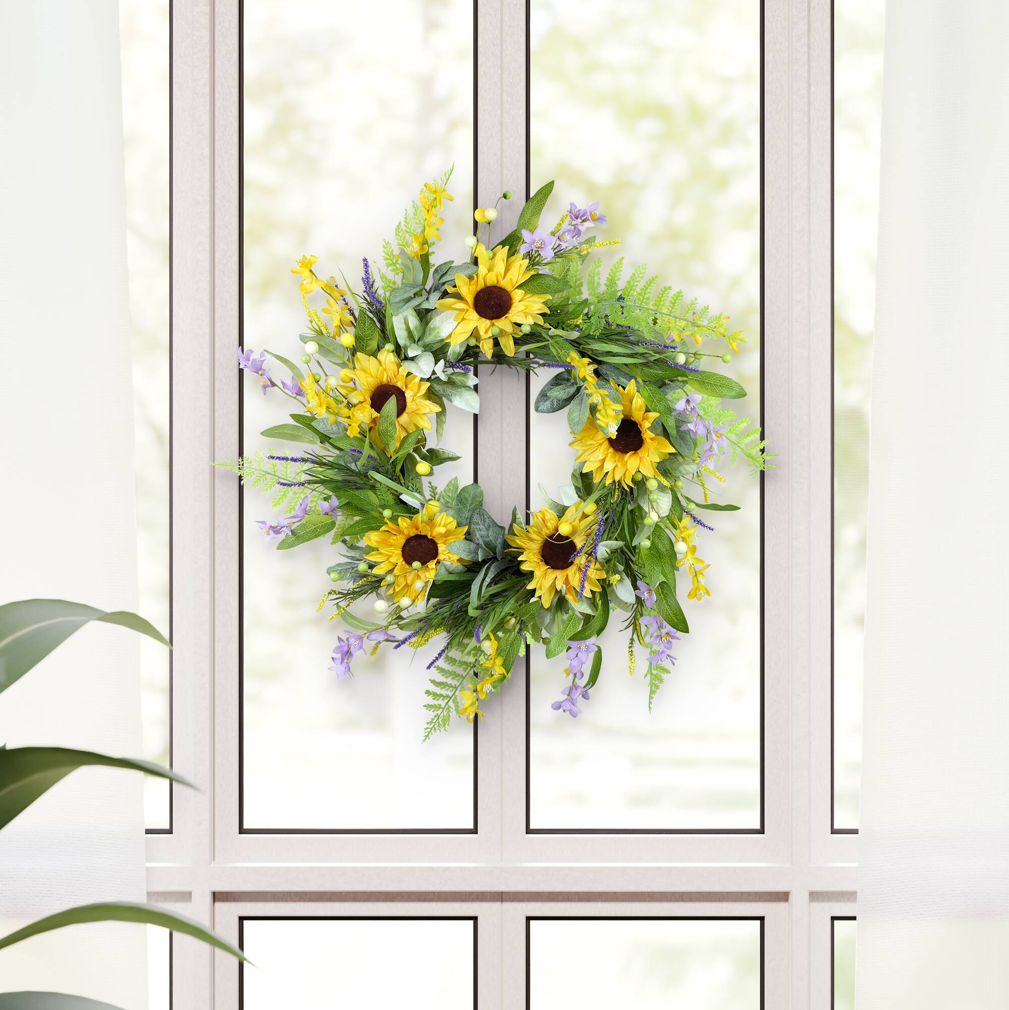 26" Artificial Sunflower Lavender Winter Jasmine Floral Spring Wreath